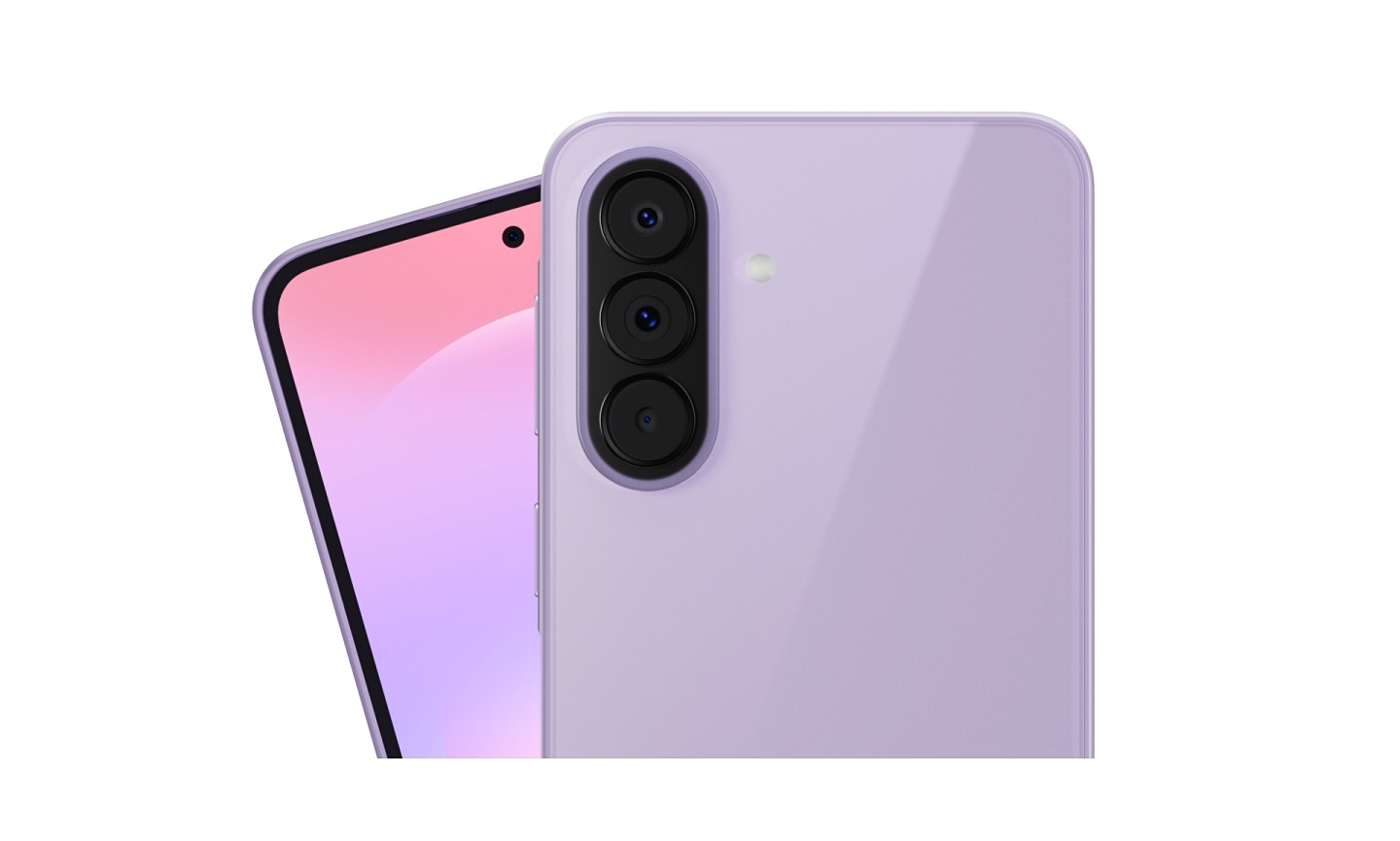 Galaxy A37 5G in Awesome Lavender spinning around to showcase the sleek phone design. Close-up of the back and front of Galaxy A37 5G in Awesome Lavender with light shimmering across the glossy glass finish.