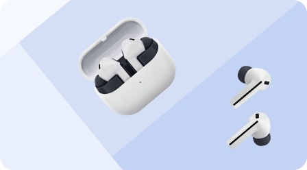 Galaxy Buds3 FE in White shown in their case with the case open. Another pair of Galaxy Buds3 FE in White outside of their case.