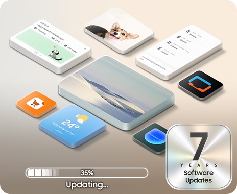 A system interface screen showing a gallery image, weather information, smartphone display, home appliance course screen, and various icons. A loading bar at the bottom indicates that the update is 35% in progress. Software updates are provided for 7 years.
