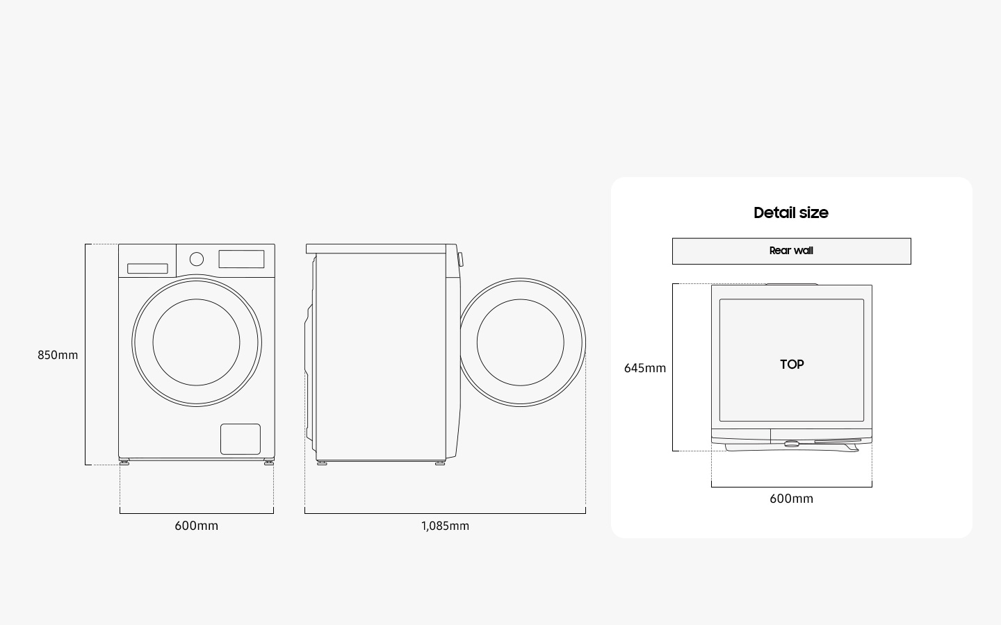 Illustration shows the Washer’s dimensions from the front, side, and top. Detail size is measured 600mm in width, 850mm in height, and 645mm in depth. When the door in the front is opened, it measures 1,085mm in total width. The washer must be installed with some spacing from the rear wall.