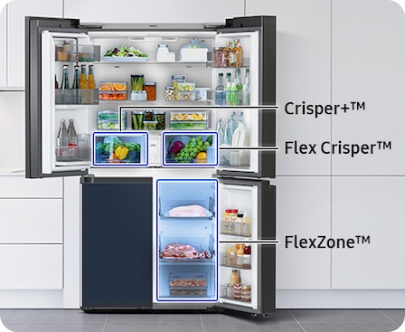 The refrigerator’s three doors are open to display the different compartments of the fridge. The Crisper+ drawer is in the upper left, while Flex Crisper is in the upper right of the fridge. On the bottom right of the fridge is the FlexZone.