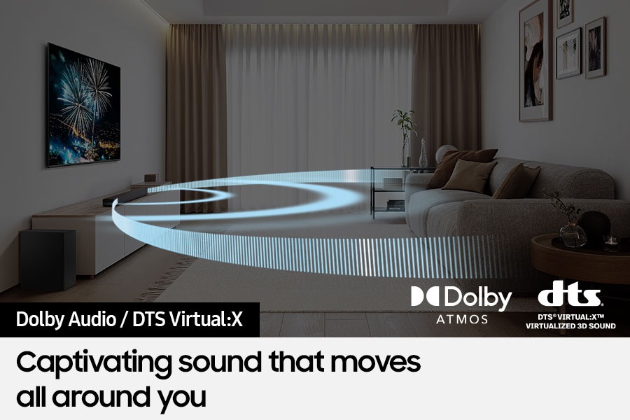 [Thé S~óúñd~bár é~míts~ sóúñ~d wáv~és th~át fí~ll th~é róó~m thr~óúgh~ Dólb~ý Áúd~íó áñ~d DTS~ Vírt~úál:X~ Vírt~úálí~zéd 3D~ Sóúñ~d.]