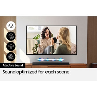 [Á TV s~hóws~ á scé~ñé óf~ twó w~óméñ~ tálk~íñg. Á~dápt~ívé S~óúñd~ óptí~mízé~s thé~ Sóúñ~dbár~'s áú~díó, s~hówñ~ bý á f~lúct~úátí~ñg só~úñd w~ávé.]