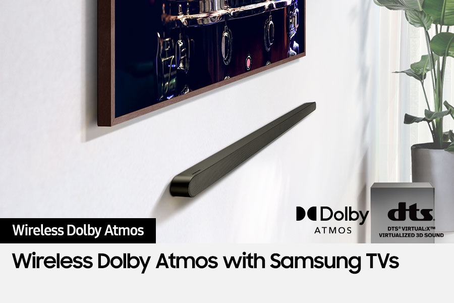 Samsung Soundbar connected wirelessly to TV. Dolby Atmos logo and DTS Virtual:X logo.
