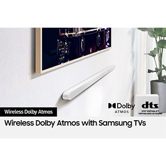 Samsung Soundbar connected wirelessly to TV. Dolby Atmos logo and DTS Virtual:X logo.