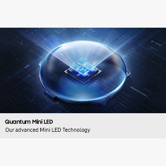 Inside a clear dome, four Mini LEDs are on display. The LEDs pop up and glow blue, emitting a beam of light that shines through the dome.