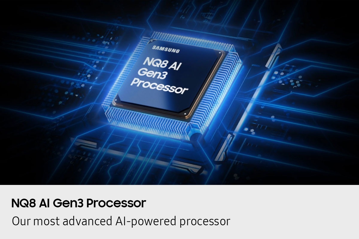 The NQ8 AI Gen3 Processor chip descends on the TV's main board and lights up with waves of power surging from the chip to the rest of the TV.