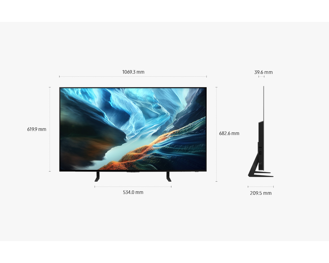 Dimension of Samsung OLED S90H screen only (## x ## x ## mm). Height with Space Titan Simple Plus Blade Stand (## mm). Dimension of Space Titan Simple Plus Blade Stand. (## x ## mm).