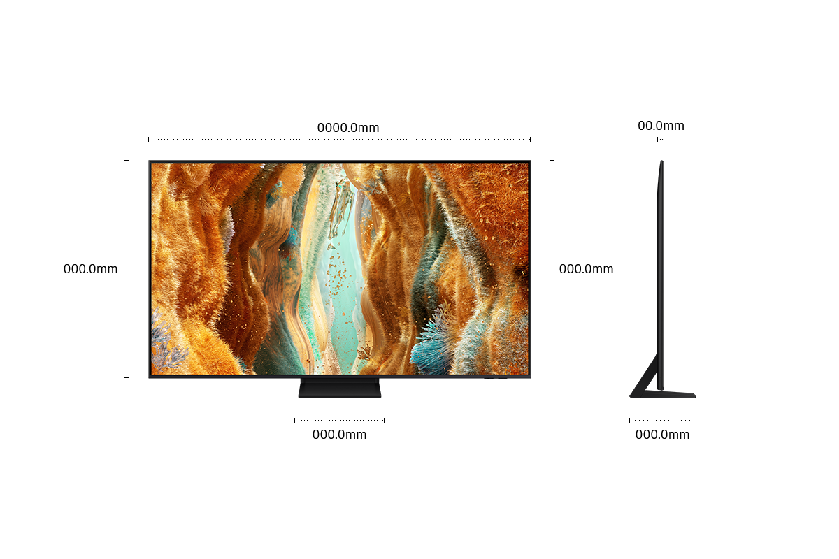 Dimension of Samsung Neo QLED QN70F screen only (## x ## x ## mm). Height with Black Aero Center Stand (## mm). Dimension of Black Aero Center Stand (## x ## mm).