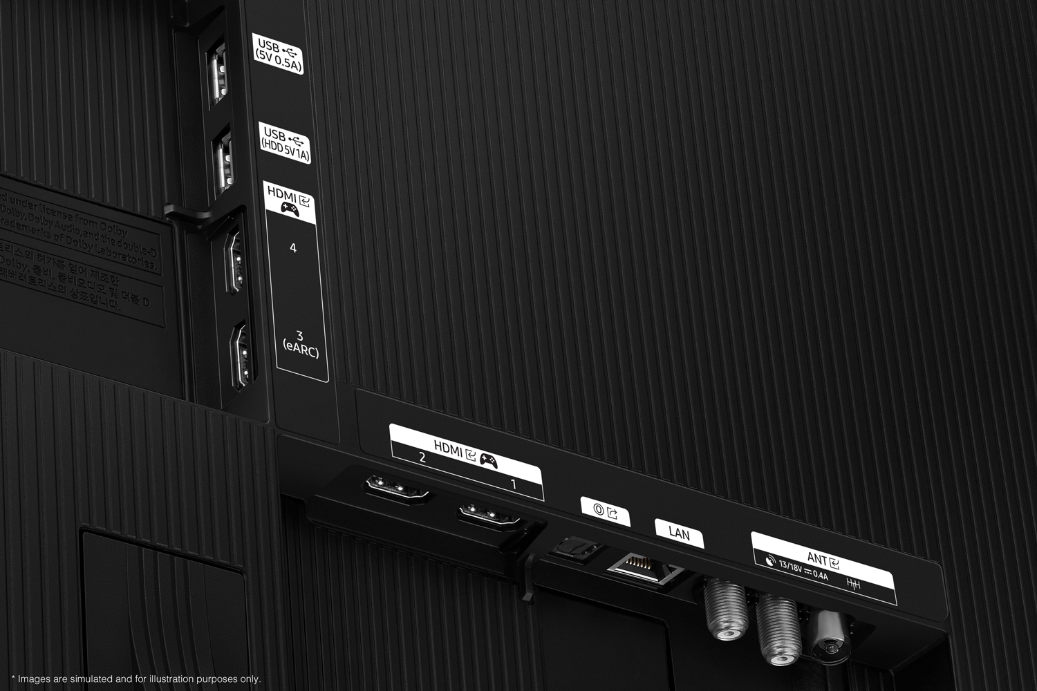 Samsung 2025 S85F 4K OLED Samsung Vision AI TV has USB, HDMI, LAN, antenna ports and etc. on the side and the bottom. 