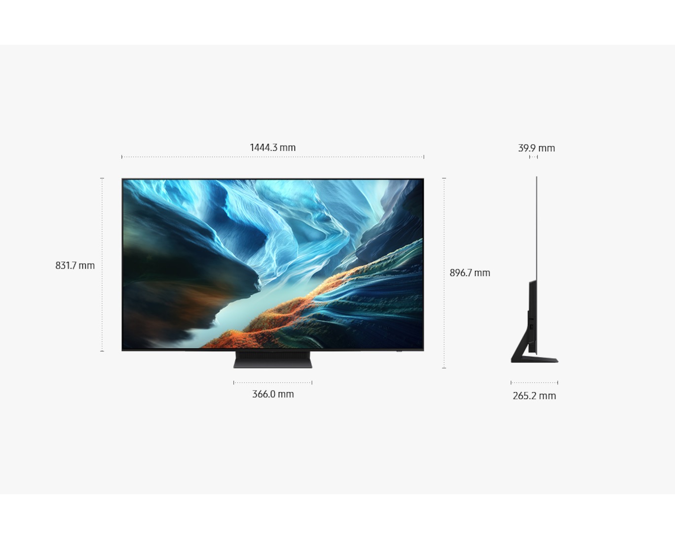 Dimension of Samsung OLED S90H screen only (## x ## x ## mm). Height with Space Titan Simple Plus Blade Stand (## mm). Dimension of Space Titan Simple Plus Blade Stand. (## x ## mm).
