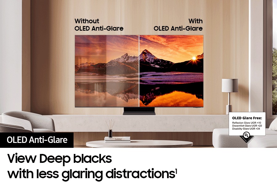 Samsung OLED in a modern living room with its screen divided into "Without OLED Anti-Glare" and "With OLED Anti-Glare" for comparison. "Without OLED Anti-Glare" side reflects lights obstructing the onscreen image. "With OLED Anti-Glare" side has a clean, unobstructed view of the onscreen image. OLED Glare Free: Reflection Glare UGR <10. Discomfort Glare UGR <22. Disability Glare UGR <34.