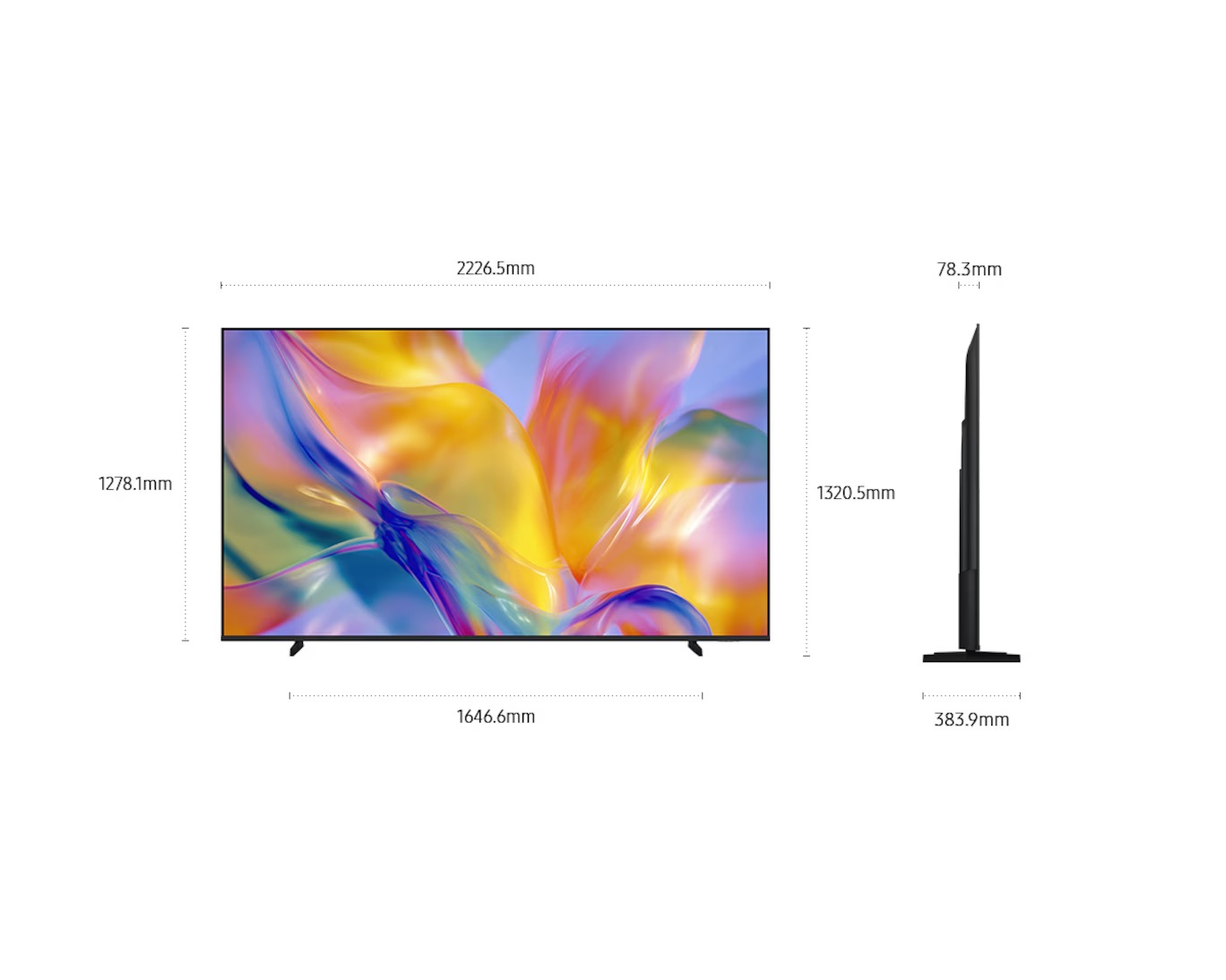 Dimension of Samsung Mini LED 100M90H screen only (## x ## x ## mm). Height with Black Round feet Stand (## mm). Dimension of Black Round feet Stand. (## x ## mm).