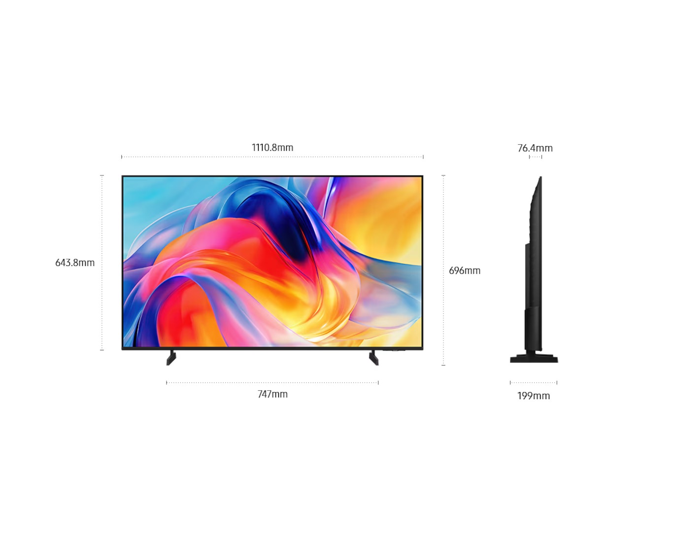 Dimension of Samsung Mini LED M70H screen only (## x ## x ## mm). Height with TitanGray Basic feet Stand (## mm). Dimension of TitanGray Basic feet Stand. (## x ## mm).