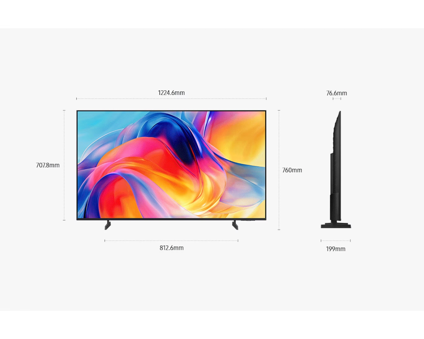 Dimension of Samsung Mini LED M70H screen only (## x ## x ## mm). Height with TitanGray Basic feet Stand (## mm). Dimension of TitanGray Basic feet Stand. (## x ## mm).