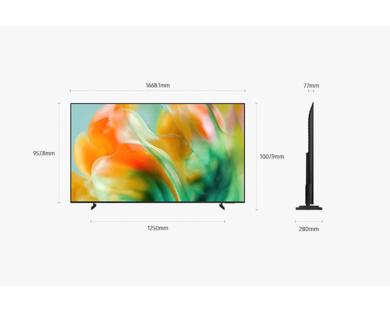 Dimension of Samsung Mini LED M80H screen only (## x ## x ## mm). Height with Black Basic feet Stand (## mm). Dimension of Black Basic feet Stand. (## x ## mm).