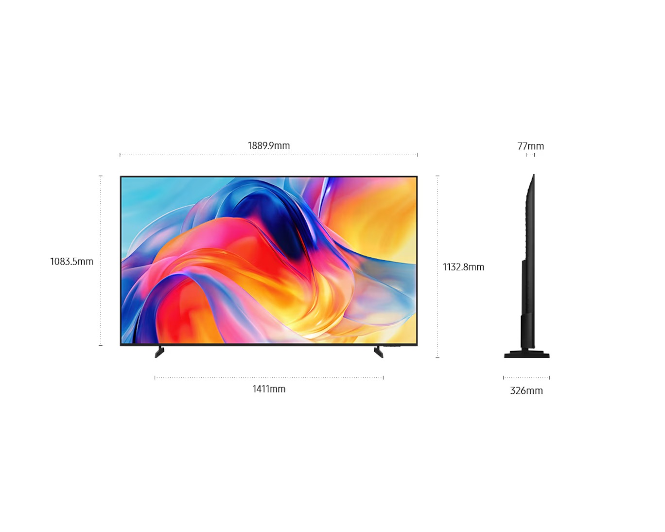 Dimension of Samsung Mini LED M70H screen only (## x ## x ## mm). Height with TitanGray Basic feet Stand (## mm). Dimension of TitanGray Basic feet Stand. (## x ## mm).