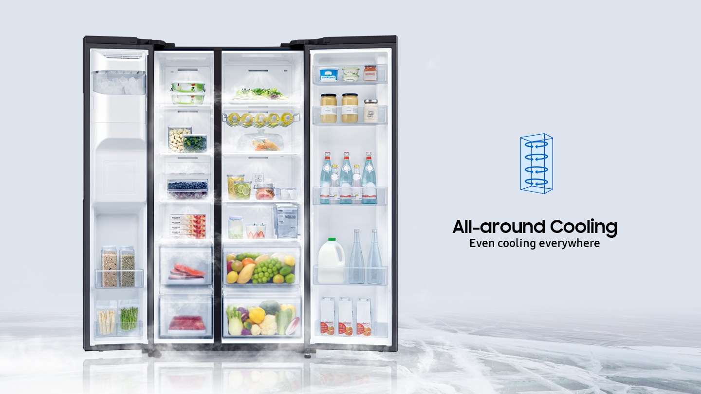 Front view of Samsung Side By Side with Ice and Water Dispenser Gentle Black Matte Refrigerator 23.9 Cu. Ft. (Black), open to show food and drinks kept fresh by All-Around Cooling technology.