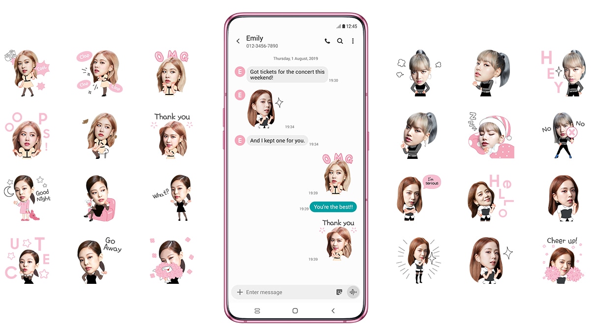 samsung blackpink blackpink stickers, exclusive stickers of blackpink members, rose, lisa, jisoo, jennie being featured in a messenger apps.