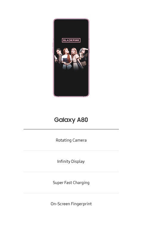 samsung blackpink a80 specs and features, rotating camera, infinity display, super fast charging, on-screen fingerprint.