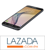 A logo of Lazada with a Black J7 Prime device in front view. See J7 Prime specs or check Samsung J7 Prime price in the Philippines here