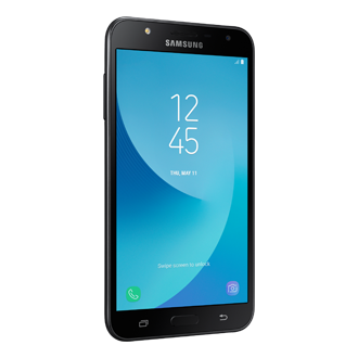 A Black Samsung Galaxy J7 Core in a slight angle shows a 5.5-inch Super AMOLED Display that produces more dynamic colour and excellent contrast
