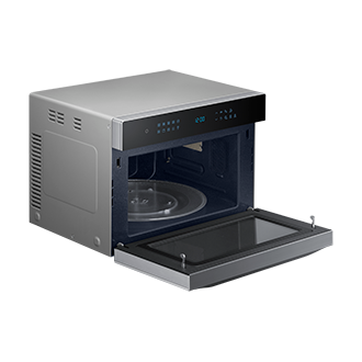 Front view of an open silver Samsung convection microwave oven (mc35j8088lt) seen from the left.