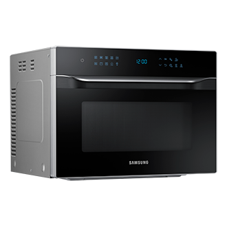Front view of a closed silver Samsung convection microwave oven (mc35j8088lt) seen from the left.