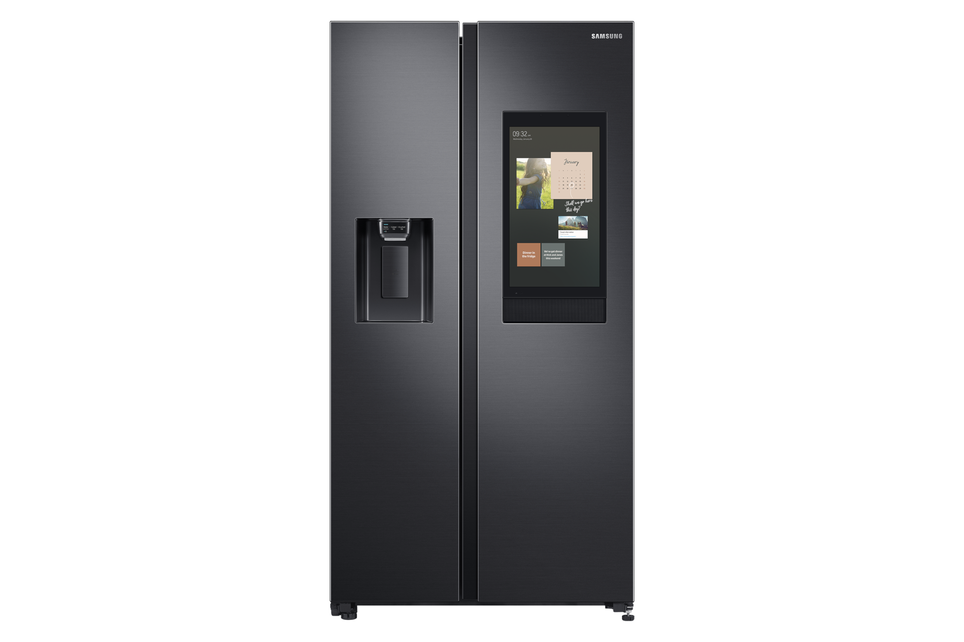 Front view of Samsung Family Hub Side By Side Refrigerator with SmartThings Connectivity 595L (Silver). Comes with stylish 2-door design, water filter, and smart Family Board display.