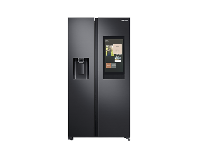 Front view of Samsung Family Hub Side By Side Refrigerator with SmartThings Connectivity 595L (Silver). Comes with stylish 2-door design, water filter, and smart Family Board display.