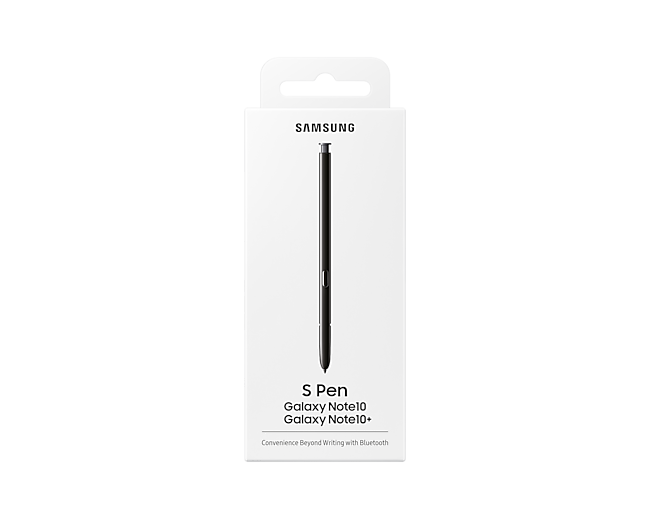 Front view of Samsung S Pen for Galaxy Note10 packaging in black. Get it now at best price!