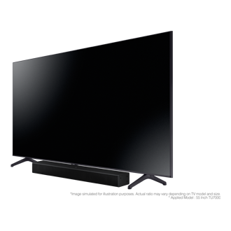 Right perspective of Samsung T-Series soundbar HW T400 with TV