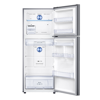 Front view of Samsung Top Mount No Frost Easy Clean Steel Refrigerator 12.9 Cu. Ft. with Twin Cooling Plus (Silver). Doors opened to show the spacious 12.9 Cu. Ft. storage capacity.