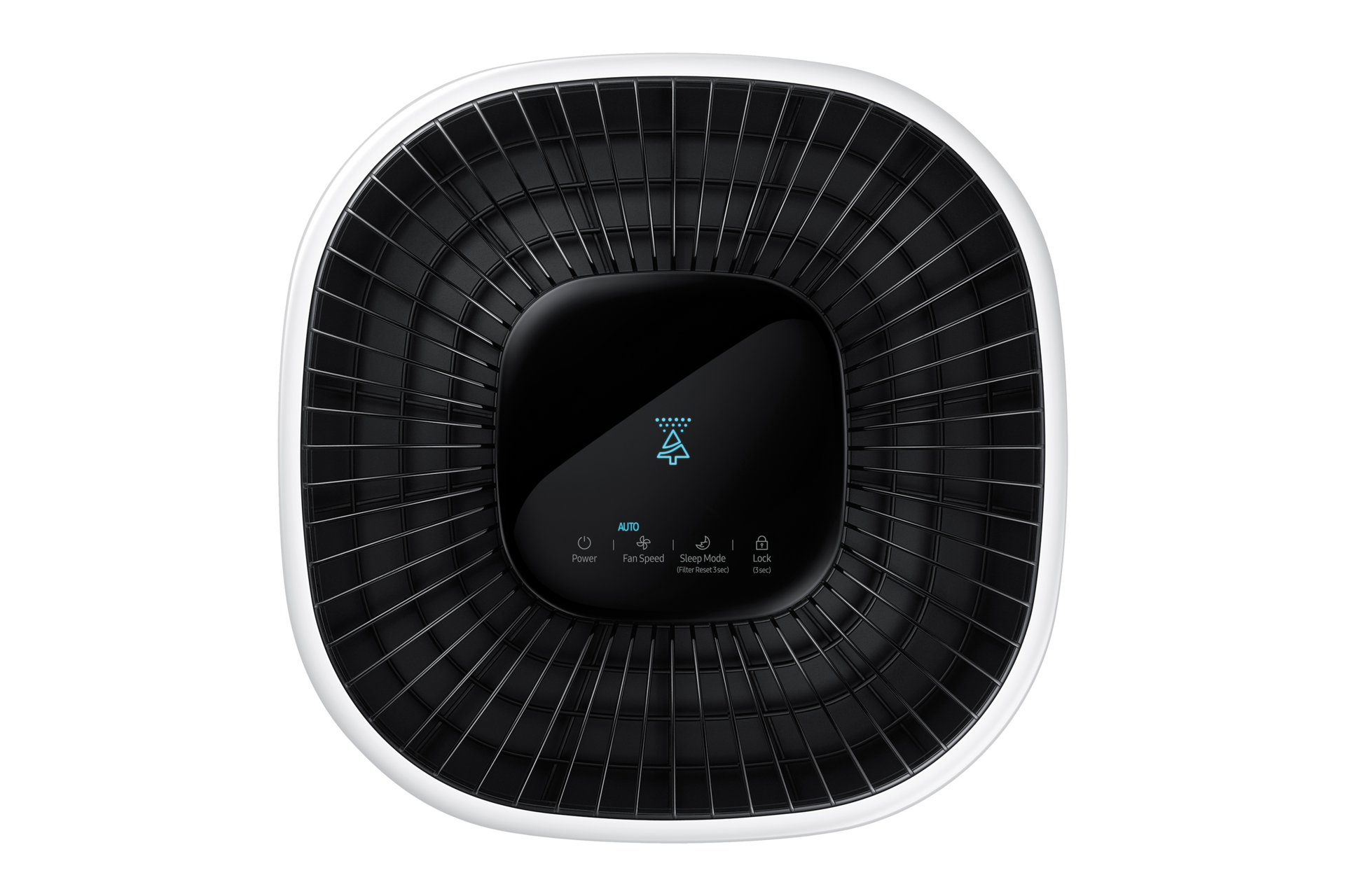 Zdjęcie przedstawia oczyszczacz powietrza AX34R3020WW/EU marki Samsung z widocznym wskaźnikiem jakości powietrza.