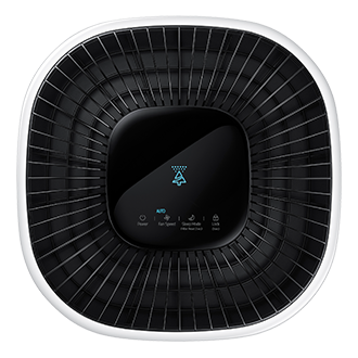 Zdjęcie przedstawia oczyszczacz powietrza AX34R3020WW/EU marki Samsung z widocznym wskaźnikiem jakości powietrza.