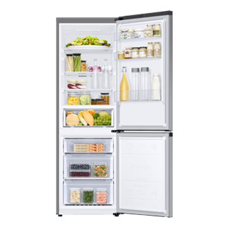 Wnętrze lodówki Samsung SpaceMax RB34T600DSA/EF - widok od frontu na otwartą lodówkę i zamrażalnik z przykładowym załadunkiem