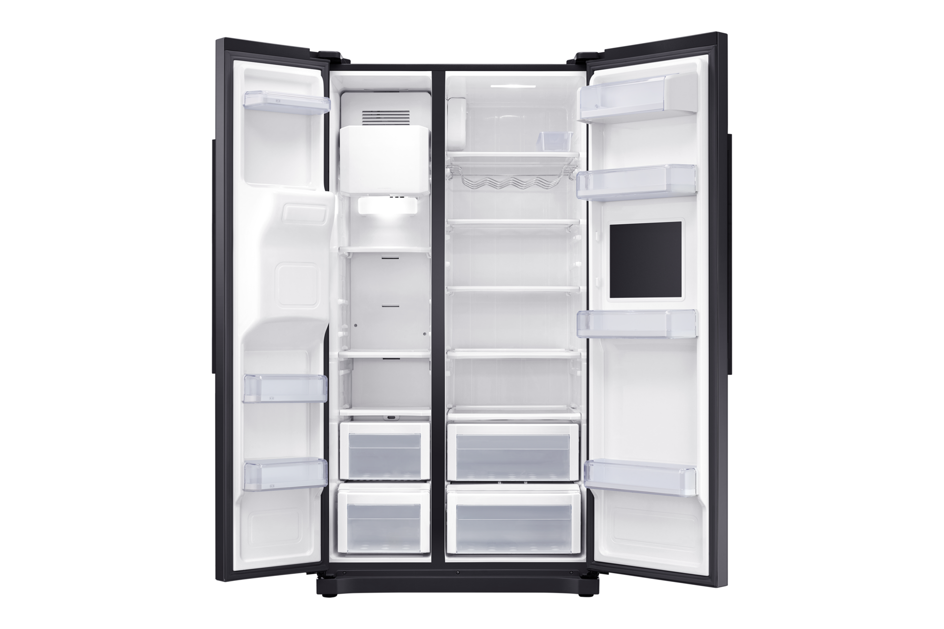 Lodówka dwudrzwiowa Samsung Side by Side RS50N3913BC/EO z otwartymi drzwiami i widocznym rozmieszczeniem półek oraz szuflad