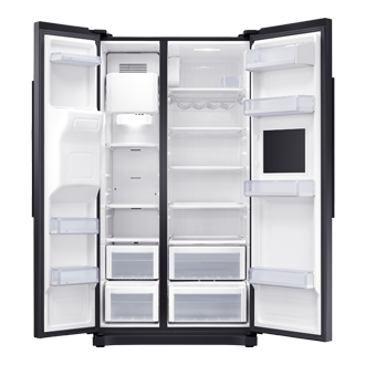 Lodówka dwudrzwiowa Samsung Side by Side RS50N3913BC/EO z otwartymi drzwiami i widocznym rozmieszczeniem półek oraz szuflad