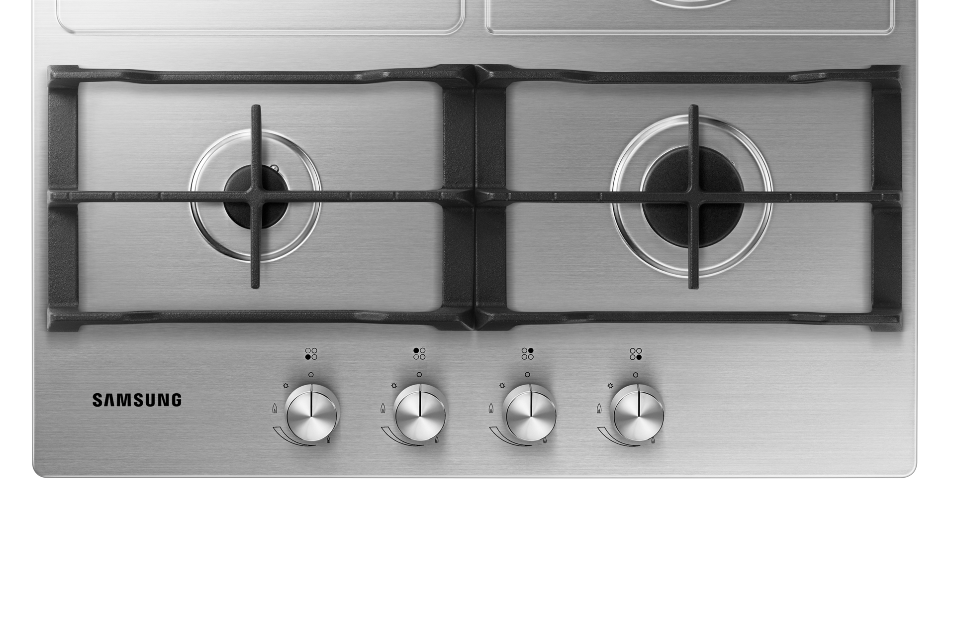Zbliżenie na praktyczne pokrętła w płycie gazowej z żeliwnymi rusztami Samsung NA64H3040AS/O1.