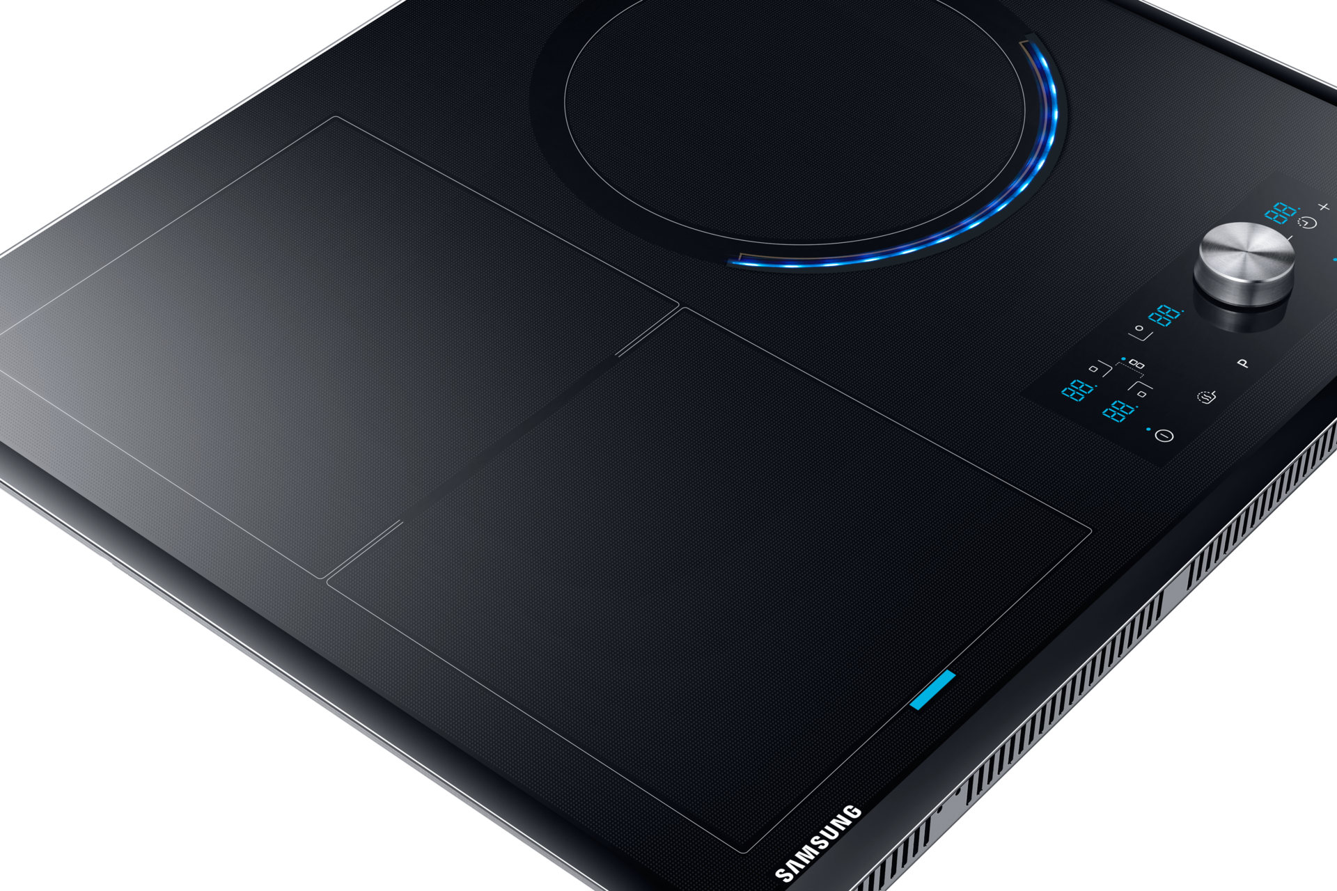 Zbliżenie na strefę Flex Zone w innowacyjnej płycie indukcyjnej Samsung NZ63J9770EK/EO.