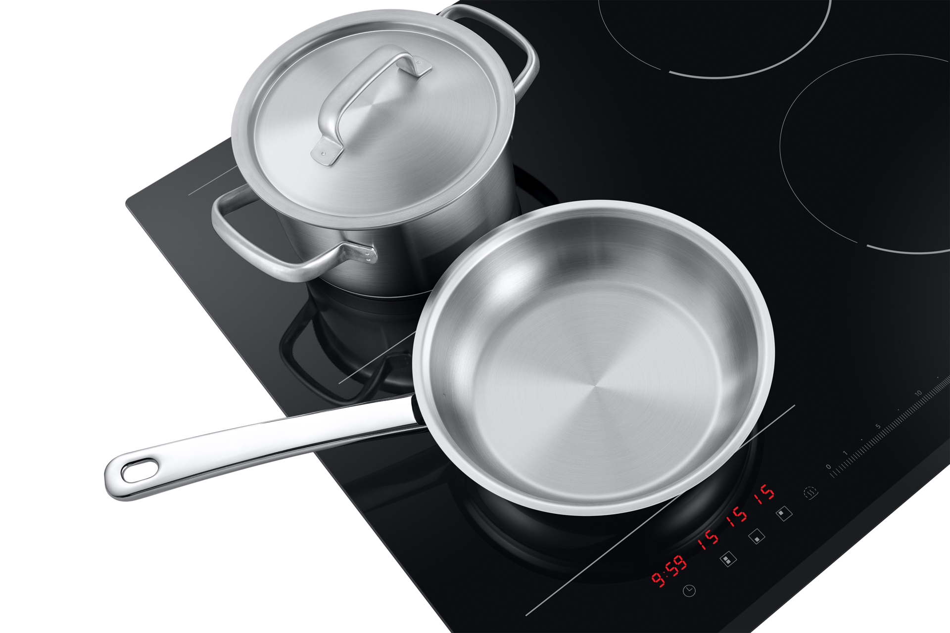 Przykładowy układ naczyń na czarnej płycie indukcyjnej Samsung NZ64R3747BK/UR.