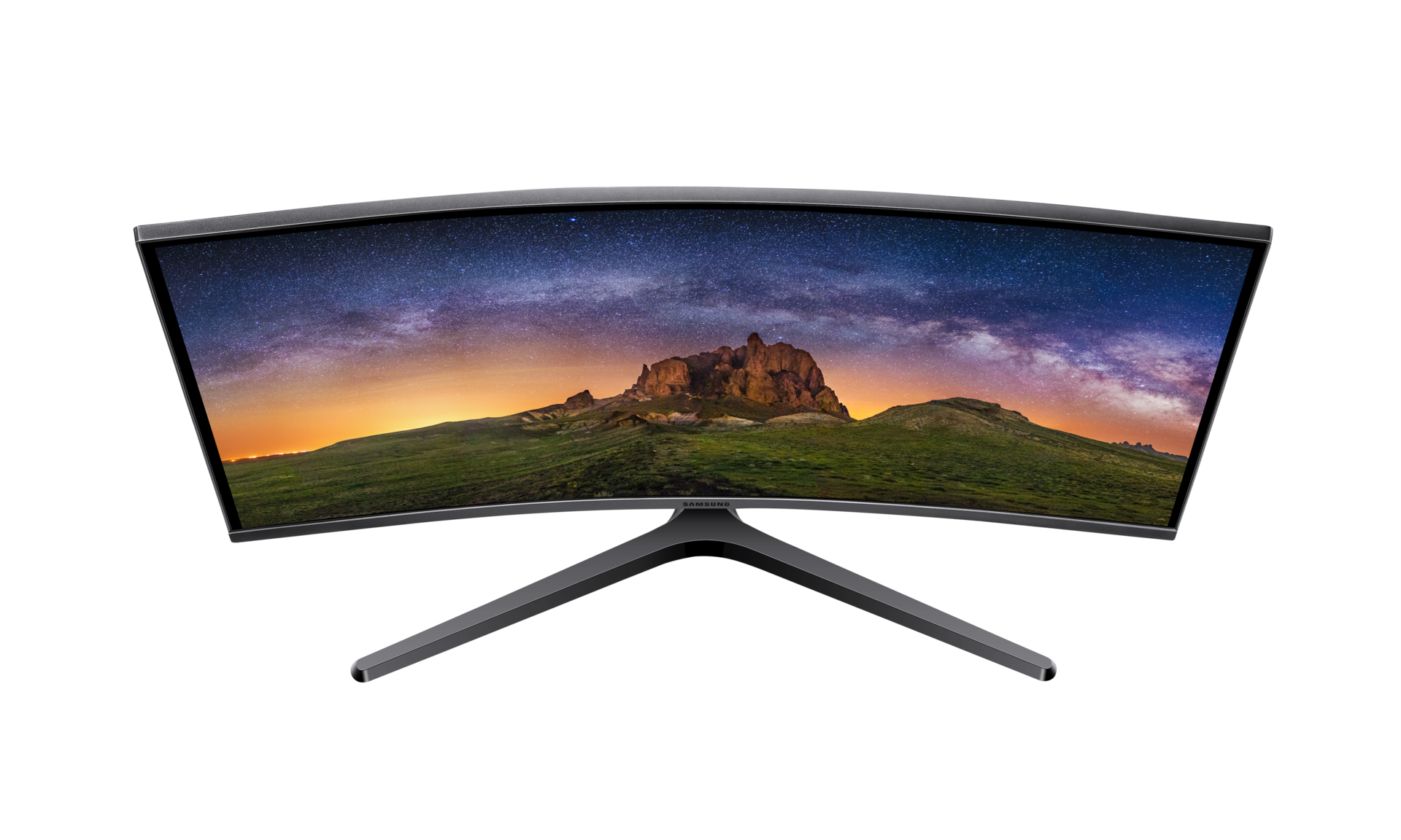 Bliższe spojrzenie na opływowy kształt monitora 27 cali Samsung LC27JG50QQUXEN.