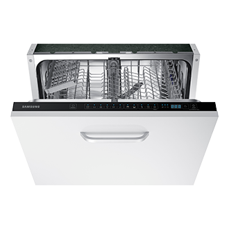 Widok z góry, który pozwala zobaczyć panel sterujący zmywarki pod zabudowę Samsung DW60M6040BB/EO.