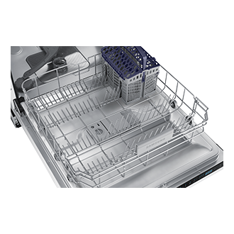 Zbliżenie na dolną szufladę zmywarki pod zabudowę 60 cm Samsung DW60M6040BB/EO.