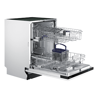 Wysunięte szuflady w białej zmywarce 60 cm Samsung DW60M6040BB/EO.