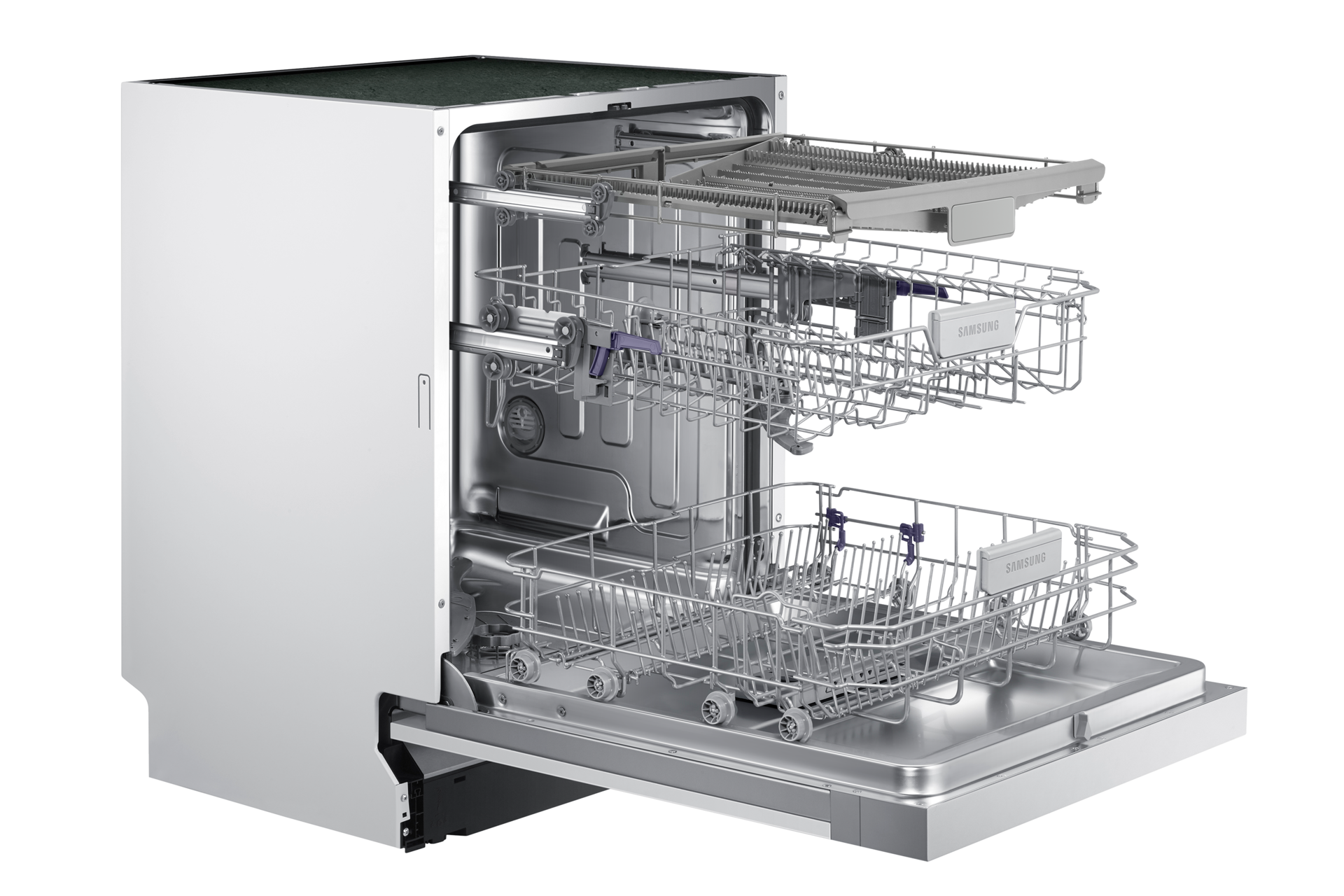 Zdjęcie zrobione z boku, na którym znajduje się zmywarka do zabudowy 60 cm Samsung DW60M6050SS/EO.