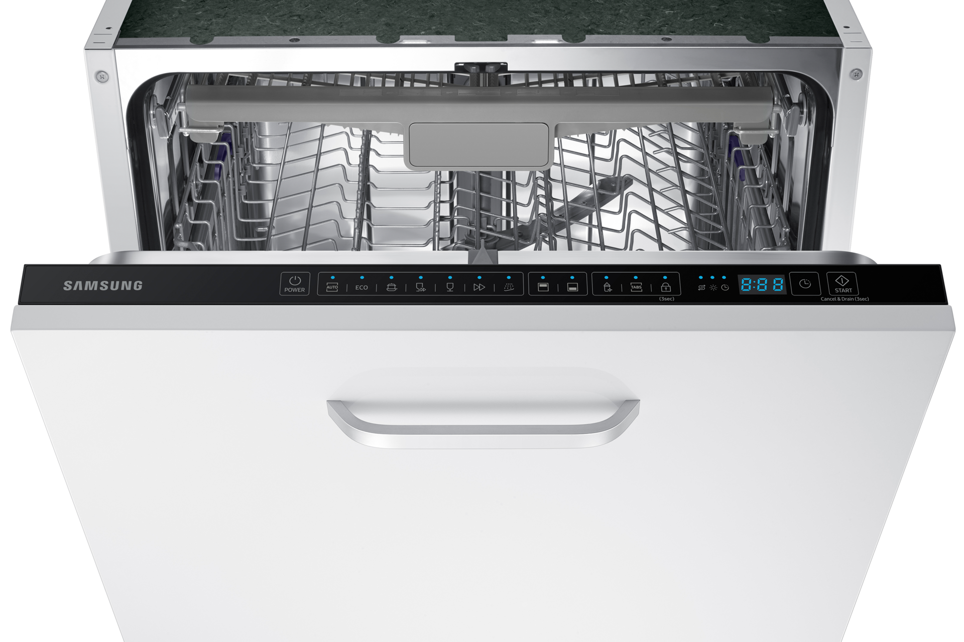 Przedstawienie panelu sterowania, w jaki wyposażona jest zmywarka Samsung DW60M6051BB/EO.