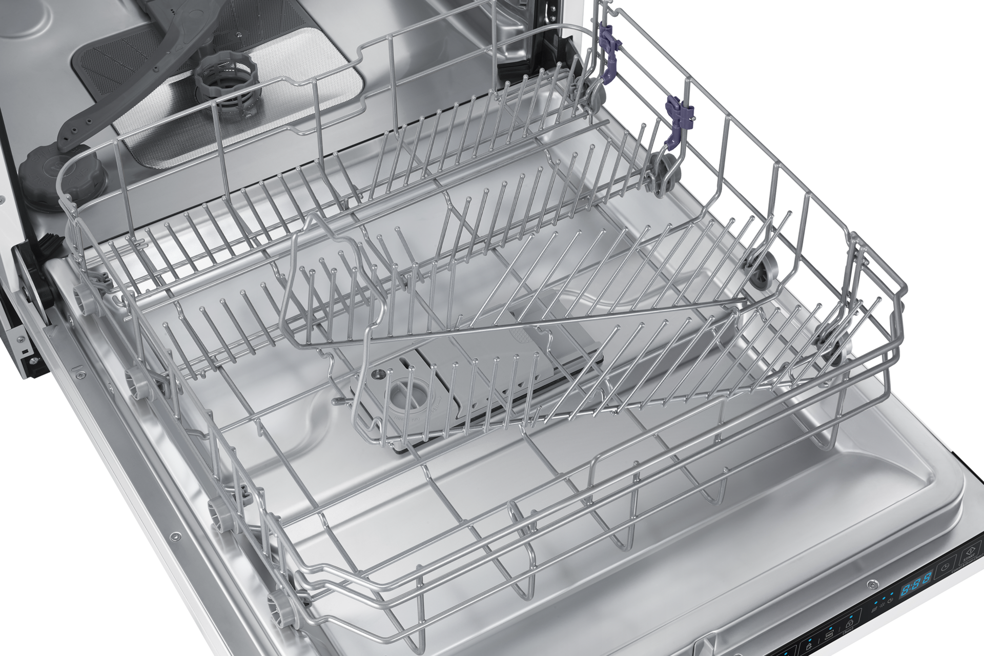 Biała zmywarka 60 cm Samsung DW60M6051BB/EO pozwala na komfortowe układanie naczyń w wysuwanych koszach.