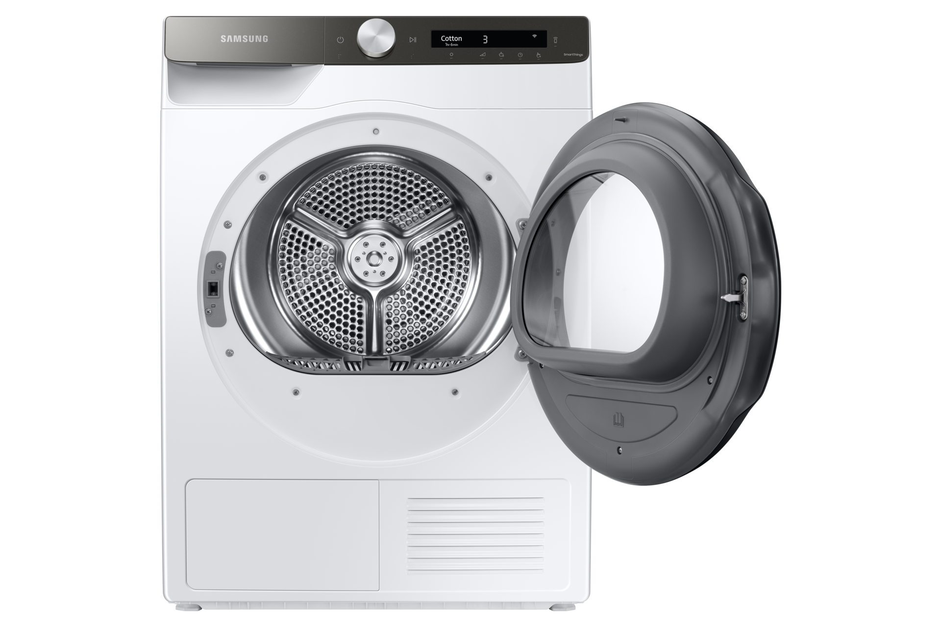 Suszarka Samsung 9 kg Optimal Dry z AI Control i funkcją Higiena pokazana od frontu z otwartymi drzwiczkami ukazującymi wnętrze bębna - DV90T5240AT/S6