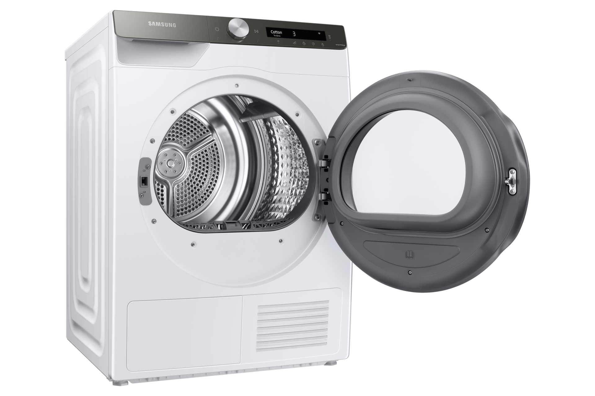 Pokazana z lewej po skosie suszarka Samsung DV90T5240AT/S6 z otwartymi drzwiczkami